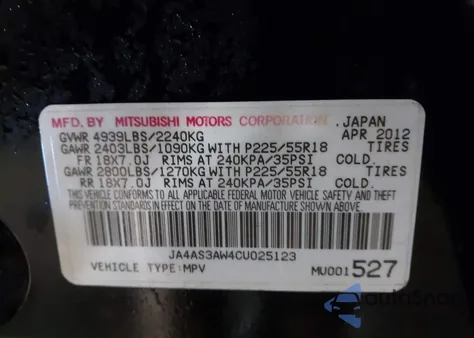 2012 Mitsubishi Outlander Se из США, поврежденный, VIN JA4AS3AW4CU025123